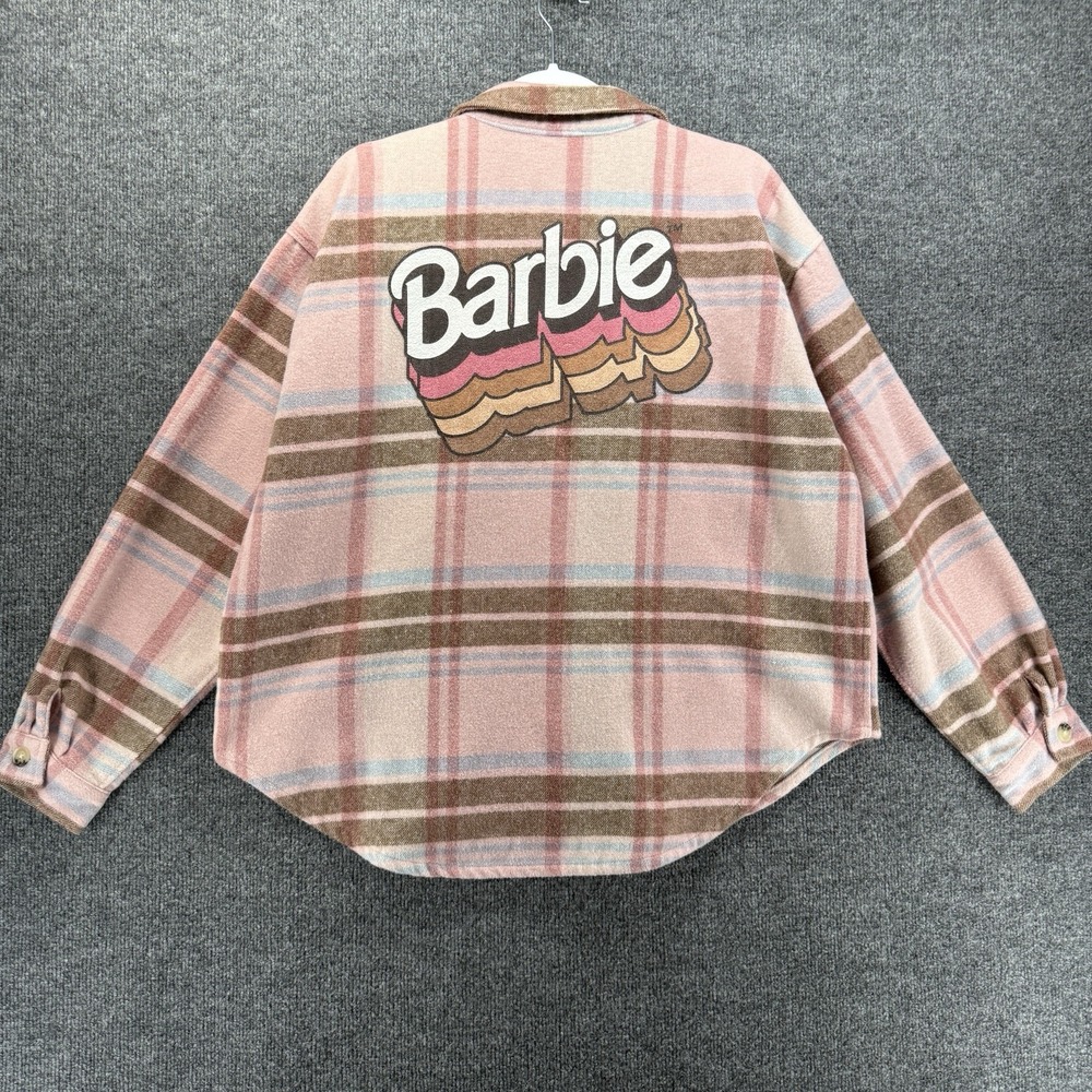 Barbie Shirt Jacket Womens XL Pink Plaid Flannel Button Up Shacket Grunge Casual